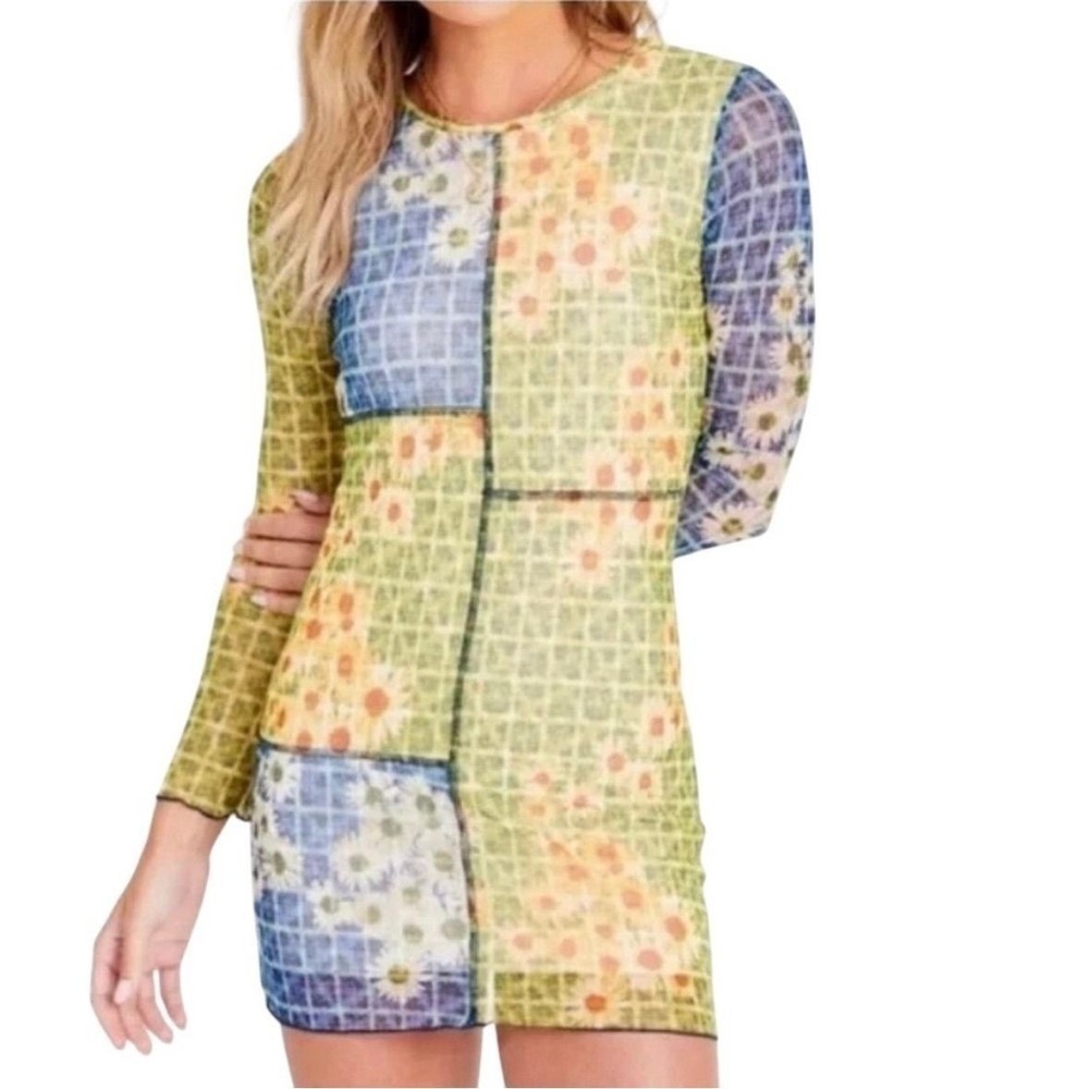 ALTAR'D STATE Dress Womens Small Floral Patchwork Mesh Mini Long Sleeve